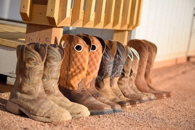 Eine Reihe Cowboystiefel, aufgereiht auf der Ranch
