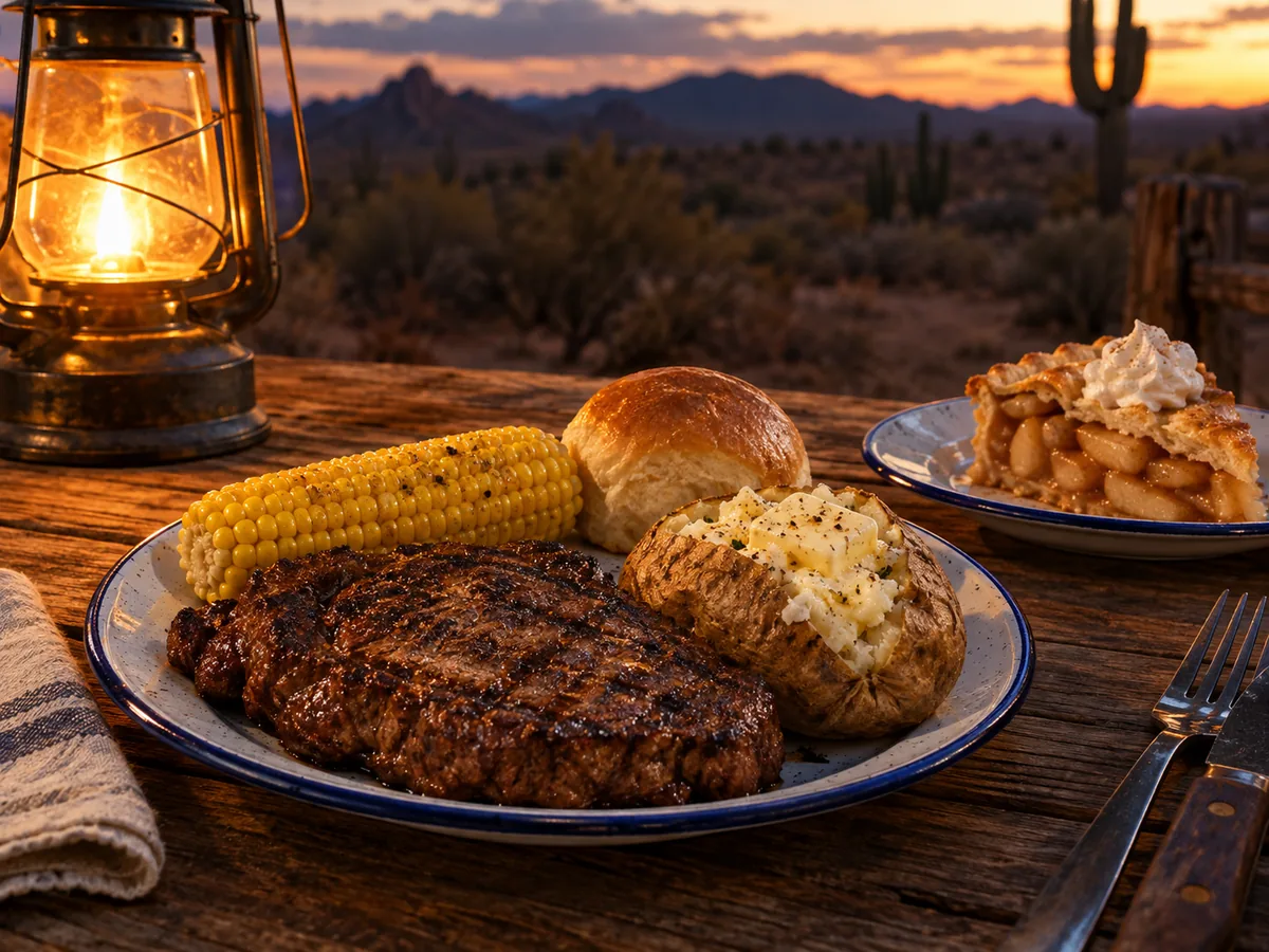 Ein gegrilltes Steak, Ofenkartoffel, Maiskolben und ein Brötchen auf einem Emailleteller, dazu Apfelkuchen