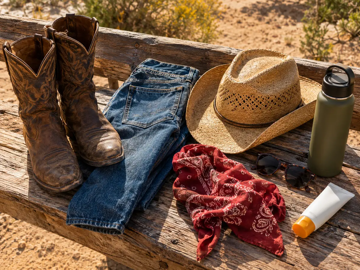 Cowboystiefel, Jeans, ein Strohhut, ein Halstuch, eine Wasserflasche und Sonnencreme auf einer Holzbank